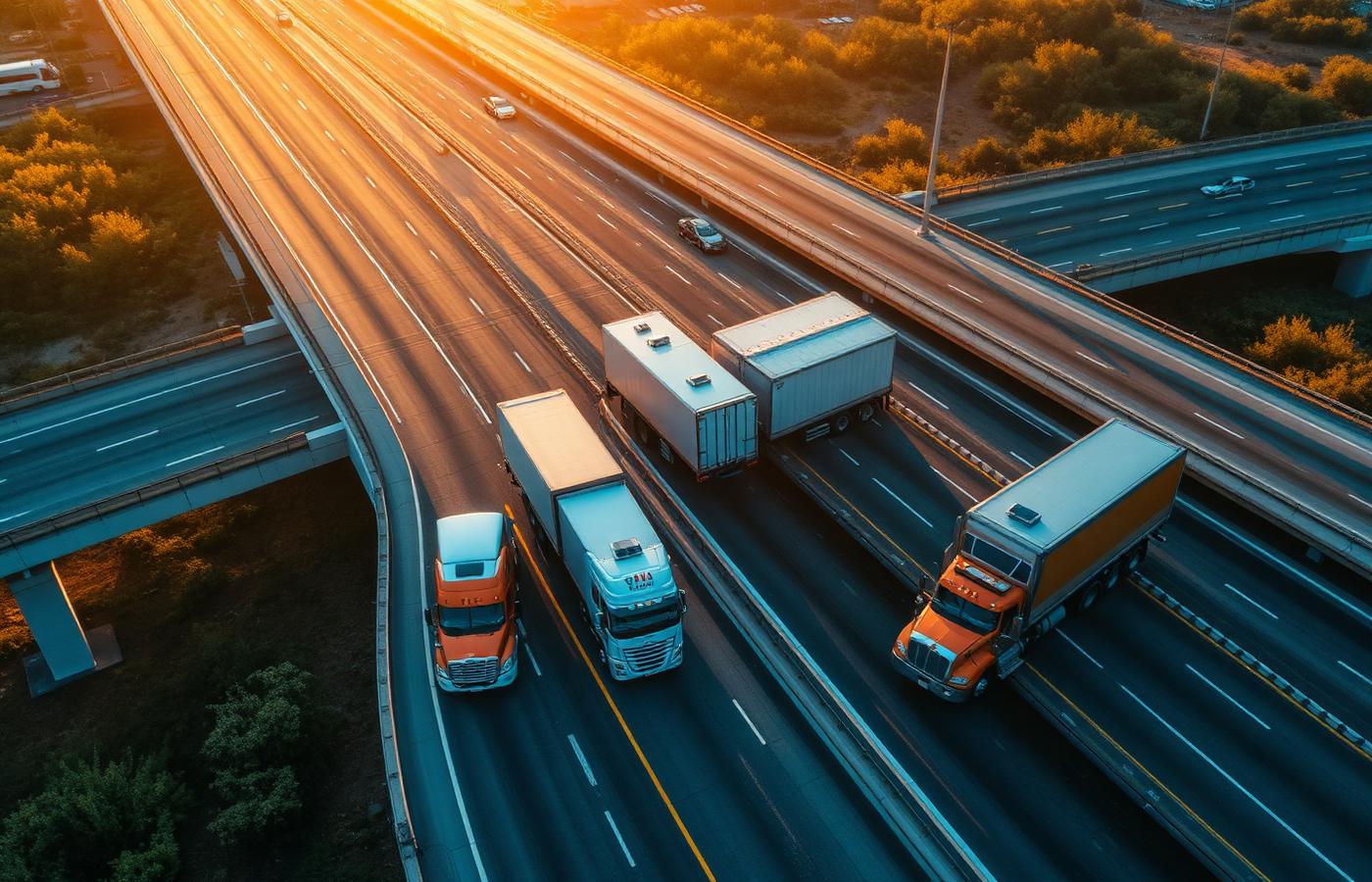 Freight trucks traveling a highway interchange at golden hour