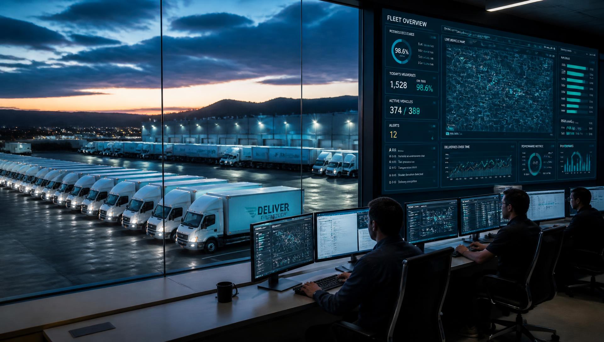 Fleet control center overlooking a distribution yard at dusk